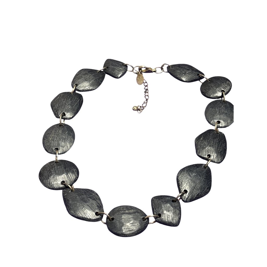 Laila Rowe Textured Black Wooden Beaded Necklace Silvertone Lobster Clasp